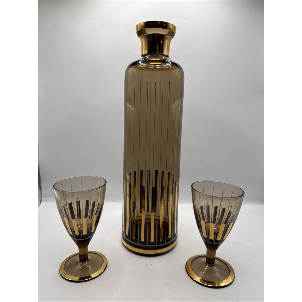 Vintage MCM Boho Amber Decanter Set ~2 Cordials Glasses Gold Banding